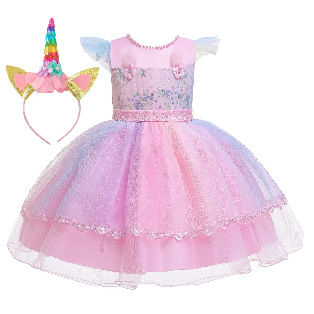 Kids Toddler Girls Fashion Party Cute Sweet Color Unicorn Pleated Sleeveless Mesh Party Tutu Dress