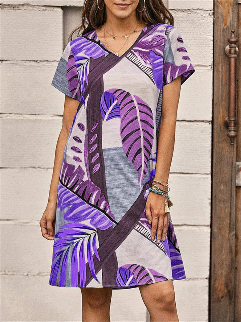 Women'S Fashion Summer Vacation Casual Leaf Printing V-Neck Short Sleeve Dress