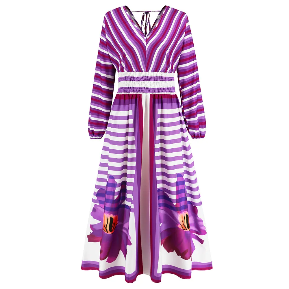 Ramadan /Eid Women Vintage Stripe Print Long Sleeve V-Neck Maxi Dress
