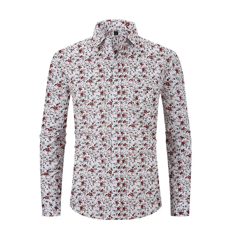 Men Fashion Casual Tiny Flower Long Sleeve Lapel Shirt