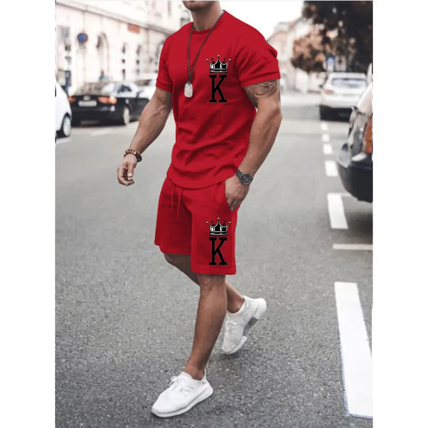 Men Basic Short Sleeve Round Neck Letter Printed T-Shirt And Drawstring Waist Shorts Two-Piece Set