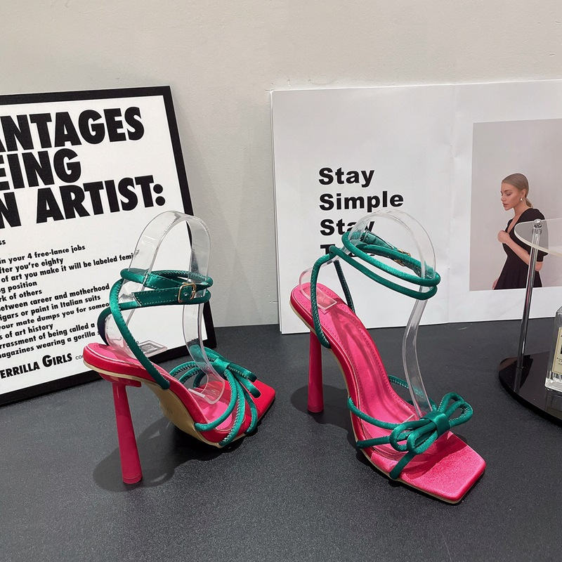 Women Fashion Casual Lace-Up Bow Color Blocking Stiletto Heel Sandals