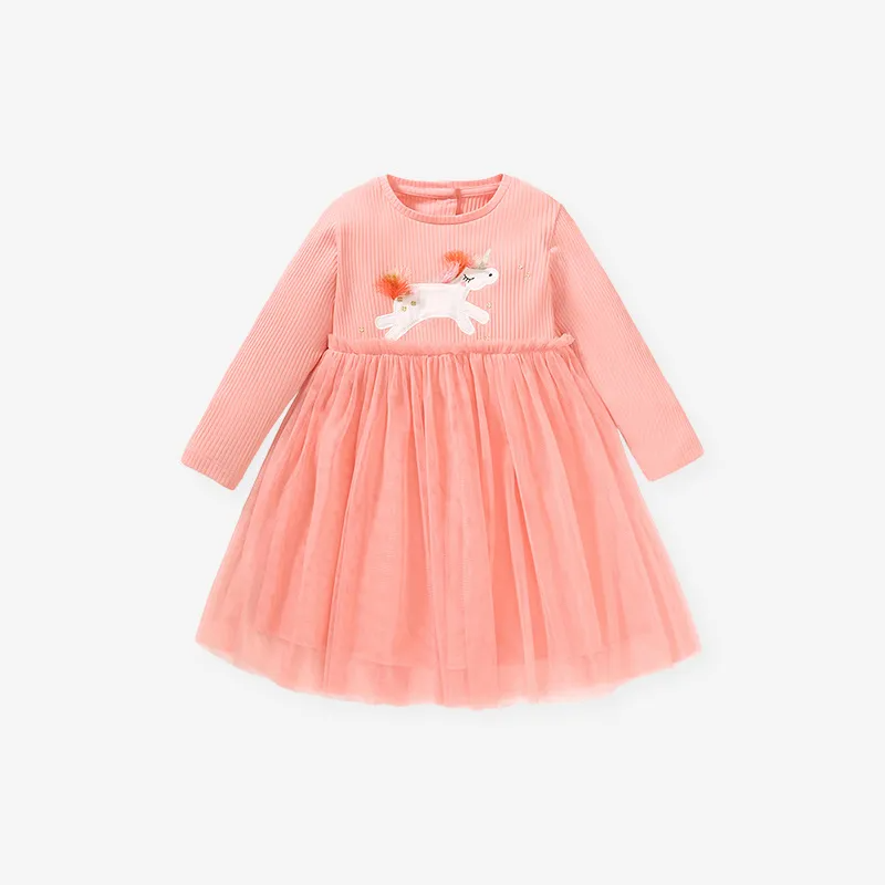 Kids Toddler Big Girls Summer Fashion Casual Sweet Cotton Solid Color Cartoon Pony Round Neck Long Sleeve Mesh Dress