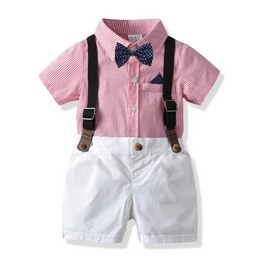 Kids Toddler Boys Summer Fashion Casual British Style Bow Solid Color Stripe Lapel Shirt Suspender Trousers Boys Party Clothing Set
