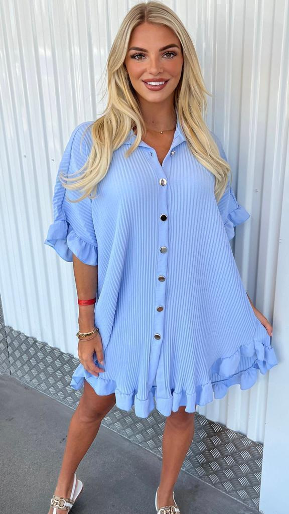 Casual Fashion Women Solid Color Ruffled Short Sleeve Loose Shirt Dress