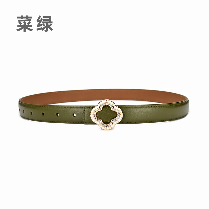 Women'S Fashion Casual Personality Flower-Shaped Rhinestone Alloy Smooth Buckle Leather Belt