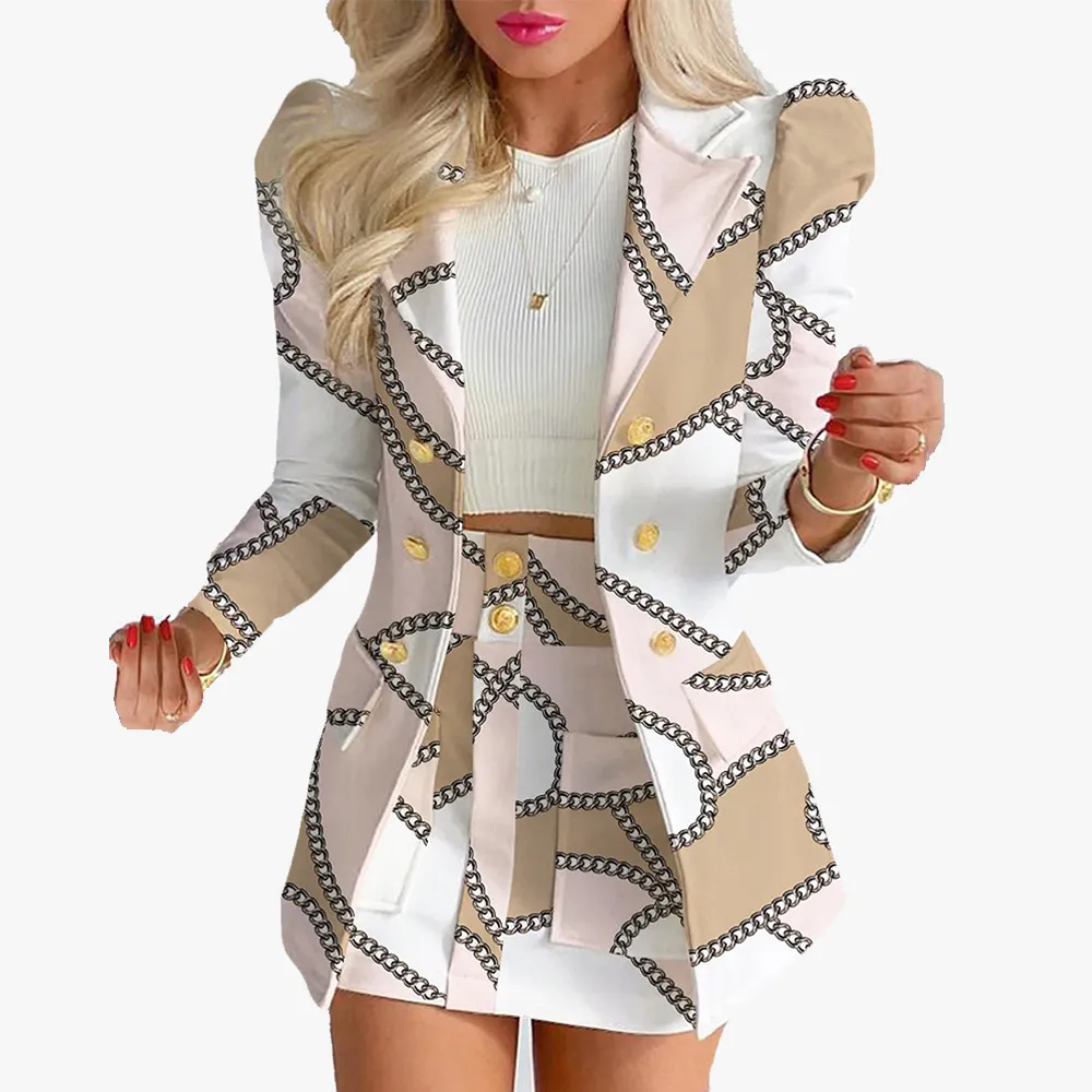 Women Fashion Elegant Plaid Floral Print Suit Top Skirt Two-Piece Set