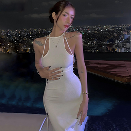 Women'S Fashion Sexy Halter Neck Sleeveless Slim Backless Hip Wrap Dress
