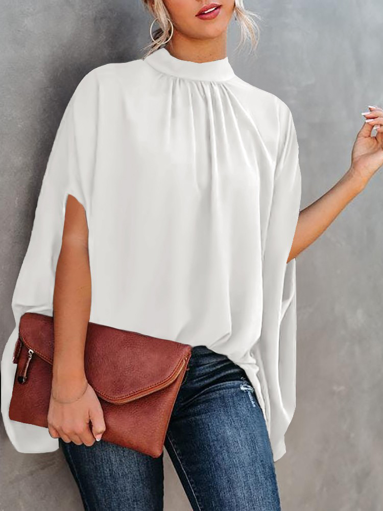 Women Elegant Office Work Casual Loose Fashion Batwing Sleeve Print Round Neck Summer Office Lady Blouse