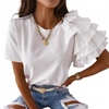 Women Elegant Solid Color Ruffled Short Sleeves Round Neck Loose Summer Blouse