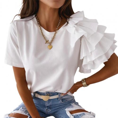 Women Elegant Solid Color Ruffled Short Sleeves Round Neck Loose Summer Blouse