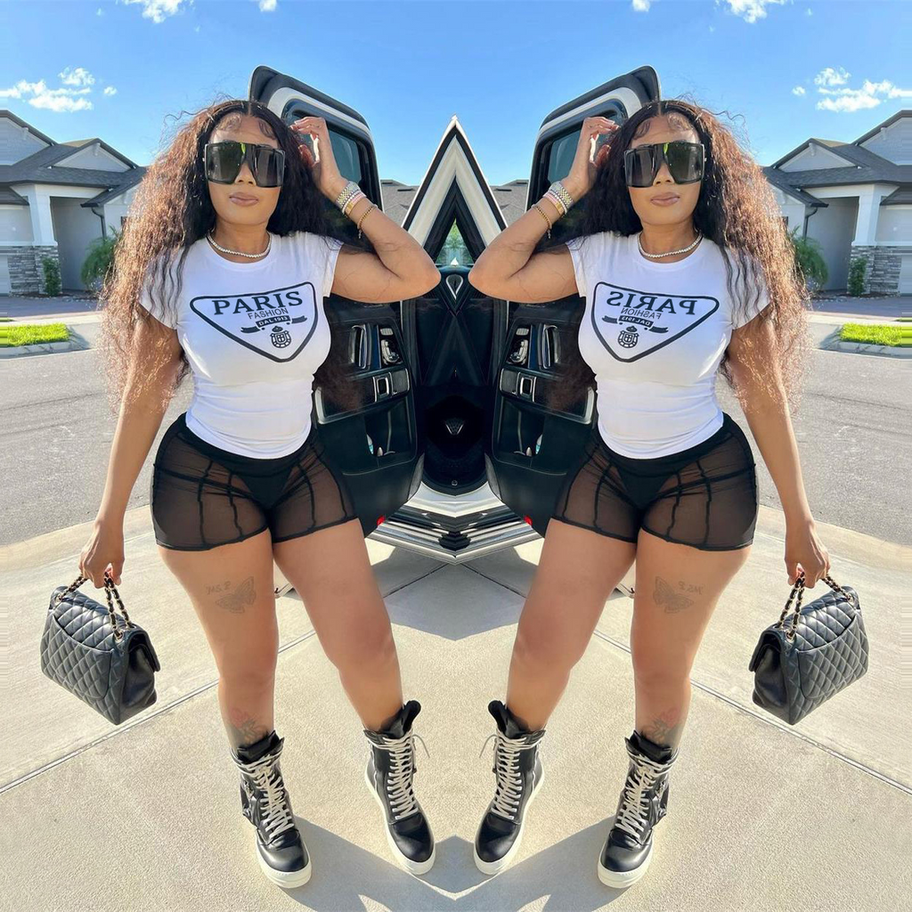 Women Fashion Basic Letter Print Short-Sleeved T-Shirt Mesh See-Through Shorts Two-Piece Set