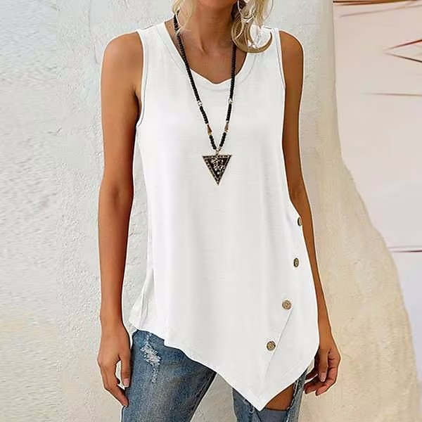Ladies Solid Color Fashion Casual Sleeveless U-Neck Irregular Top Tank