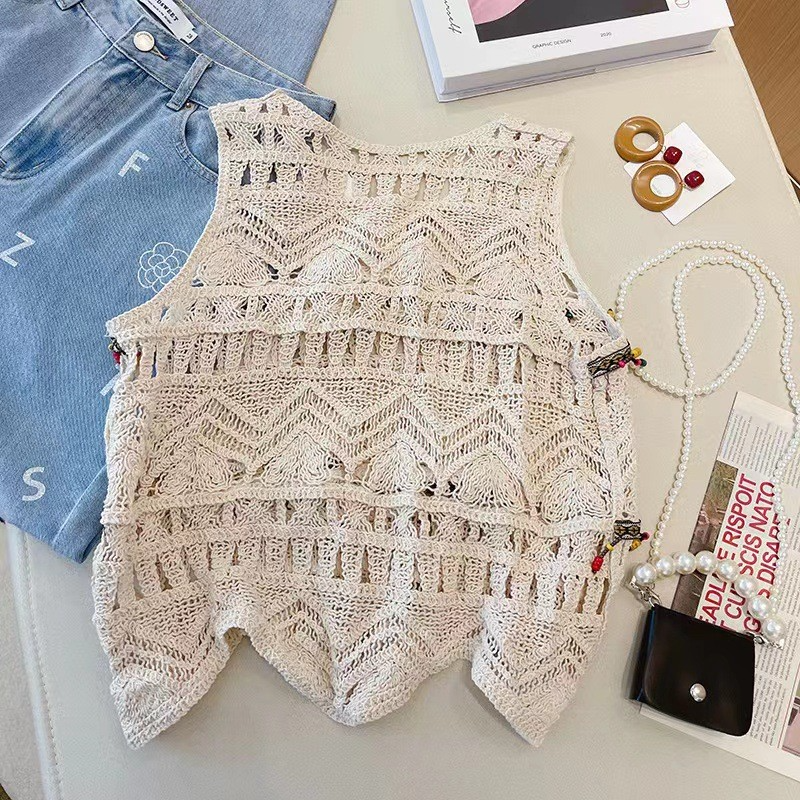 Women Fashion Ethnic Style Hollow Crochet Knitting Solid Color Camisole