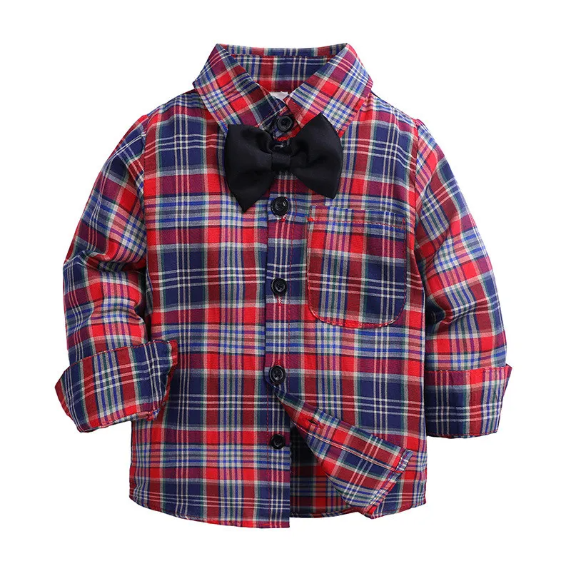 Fashion Boys Plaid Pattern Lapel Tie Shirt