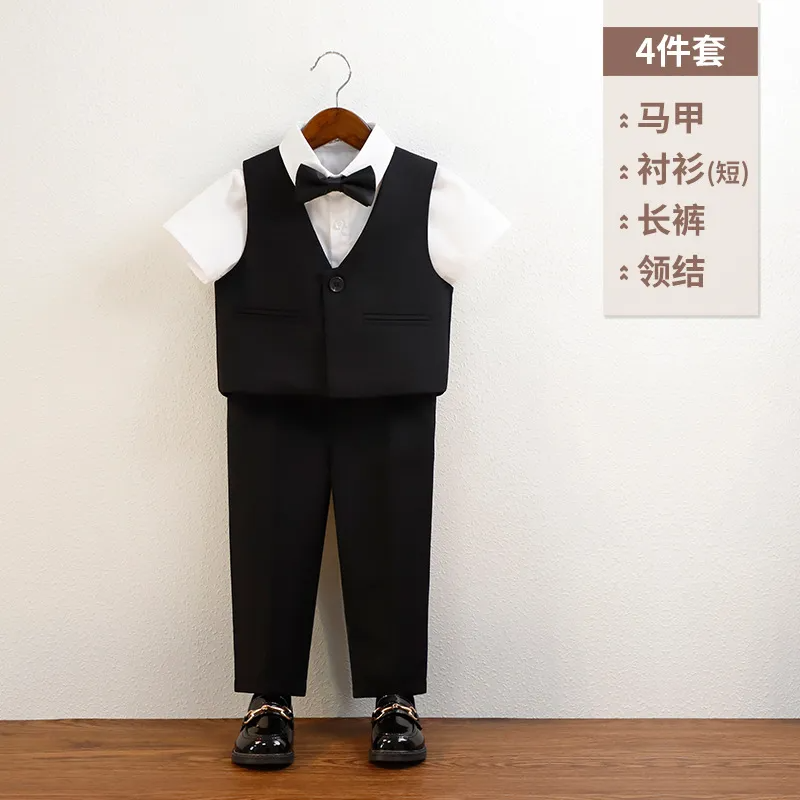 Kids Toddler Big Boys Summer Fashion Casual British Style Solid Color Bow Button Waistcoat Shirt Trousers Party Clothing Set