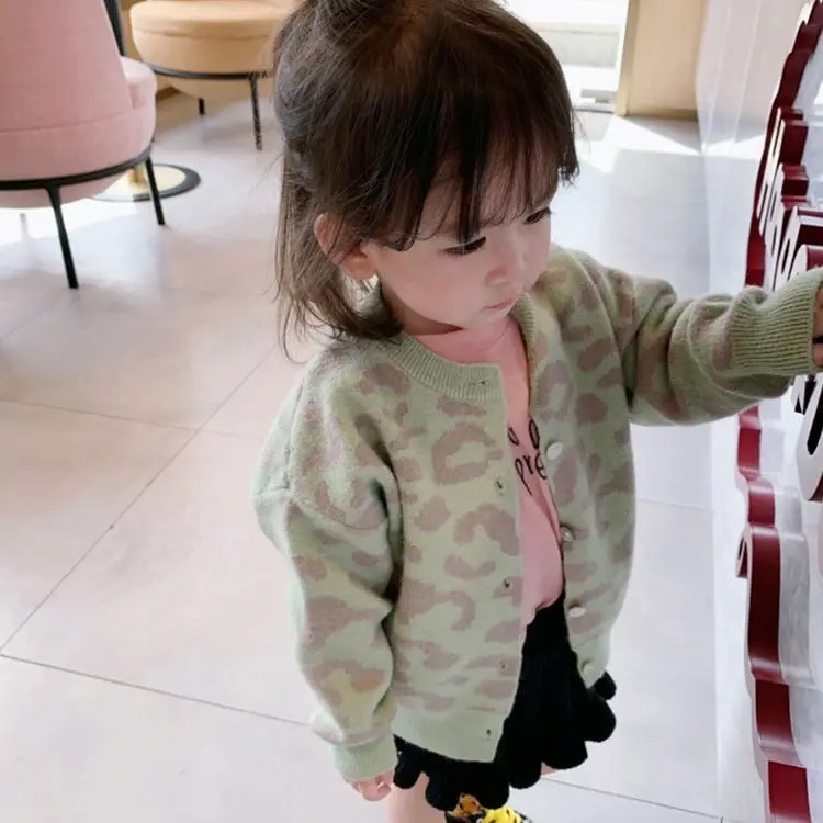 Girls Casual Leopard Single-Breasted Knit Coat