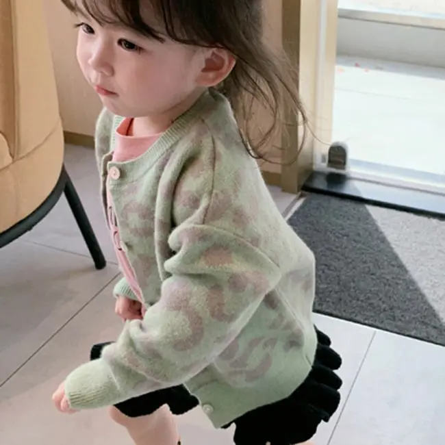 Girls Casual Leopard Single-Breasted Knit Coat