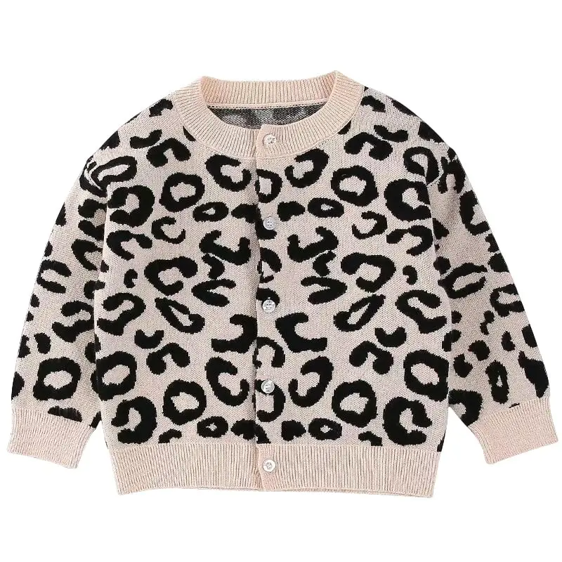 Girls Casual Leopard Single-Breasted Knit Coat