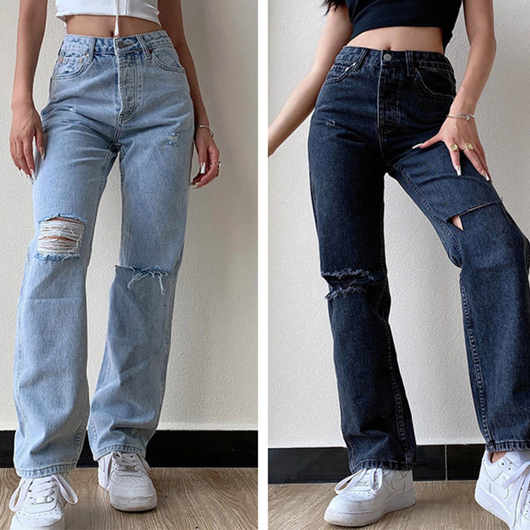 Women High Waist Mom Ripped Jeans Straight Denim Pants