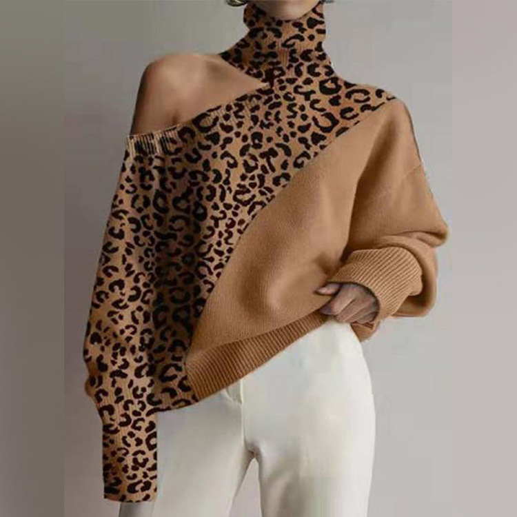 Women Casual Leopard Pattern Color Matching Turtleneck Off-The-Shoulder Knitted Sweater