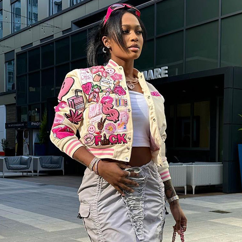 Women'S Fashion Print Stand Collar Baseball Jacket