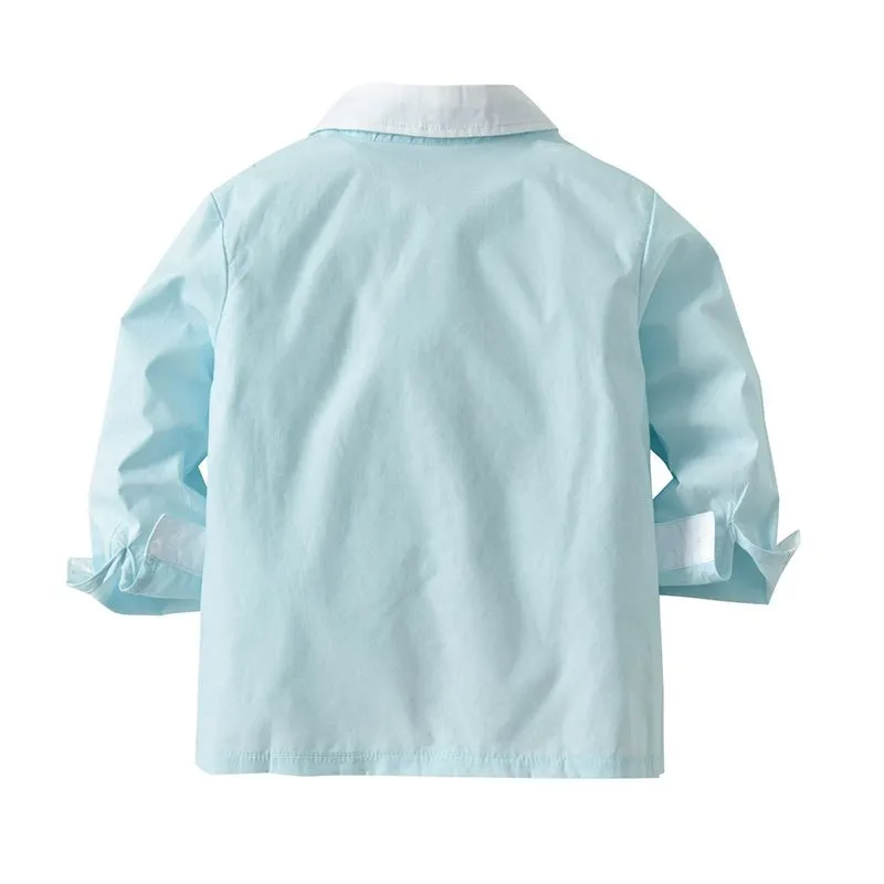 Boys Little Gentlemen Cotton Solid Color Long Sleeves Shirts And Gray Pants With Suspender Set