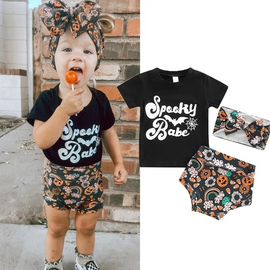 Kids Baby Girls Boys Summer Fashion Casual Halloween Solid Color Letter Round Neck Short Sleeve T-Shirt Pumpkin Shorts Set