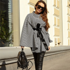 Women Creative Houndstooth Print Knotted Cloak Loose Coat