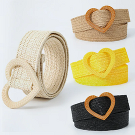 (Buy 1 Get 2 ) Women Fashion Simple Elastic Elastic PP Grass Woven Heart Buckle Belt