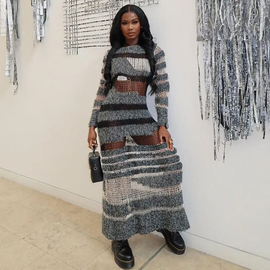 Women'S Fashion Contrast Stitching Long Sleeve Knitted Bodycon Maxi Dress