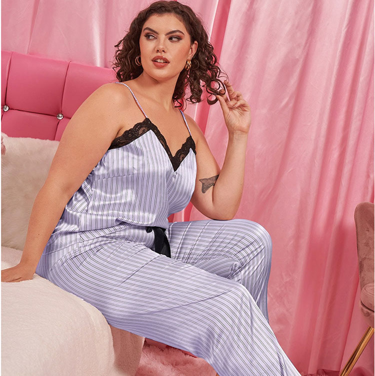 Plus Size Women Cozy Striped Lace Satin Loungewear Pajamas