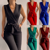 Women Solid Color Defined Waist Button V-Neck Sleeveless Slim Jumpsuits Work Clothing