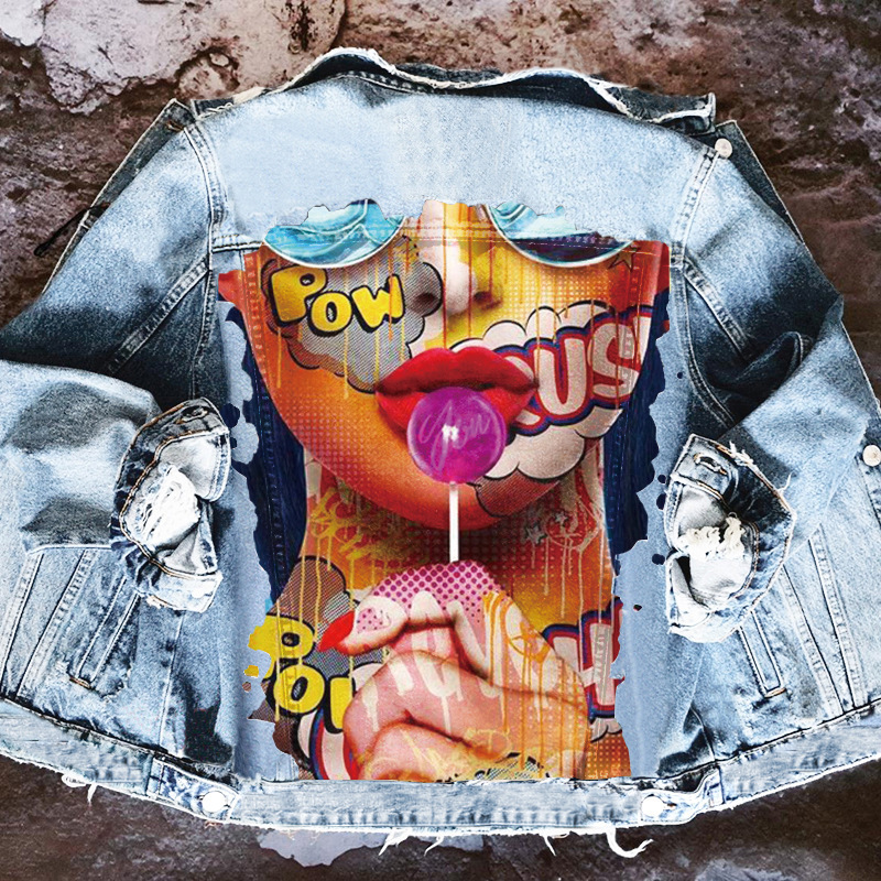 Women Casual Long Sleeves Graphic Printed Single-Breasted Denim Jacket