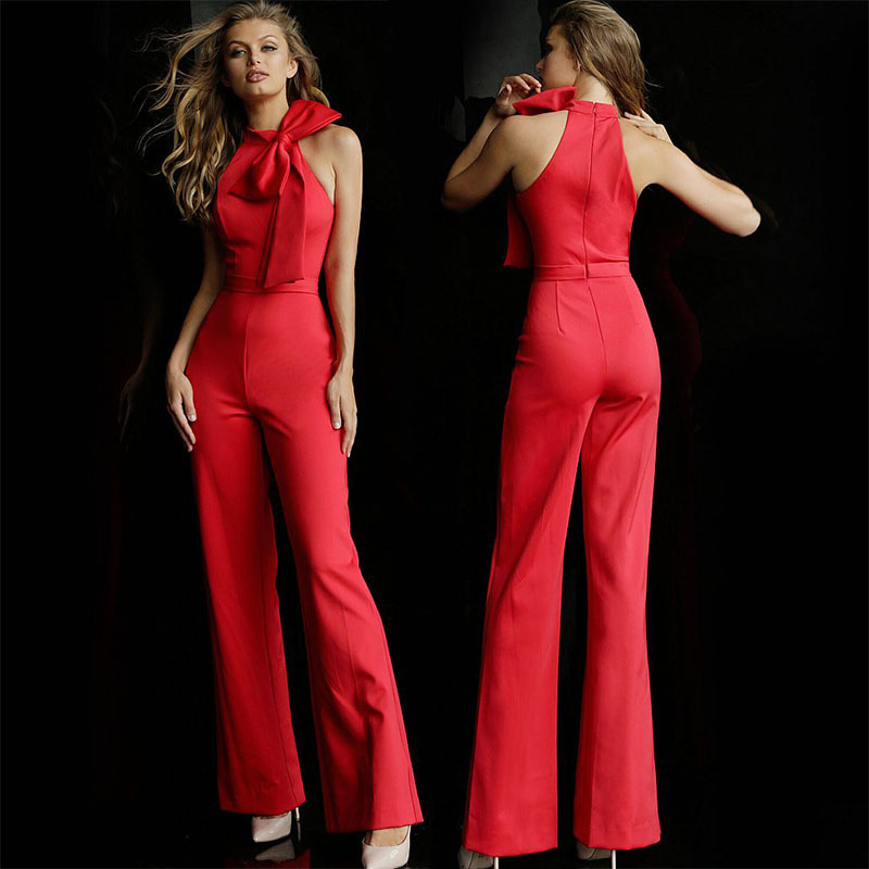 Women Elegant Bow Design Sleeveless Solid Color Jumpsuits