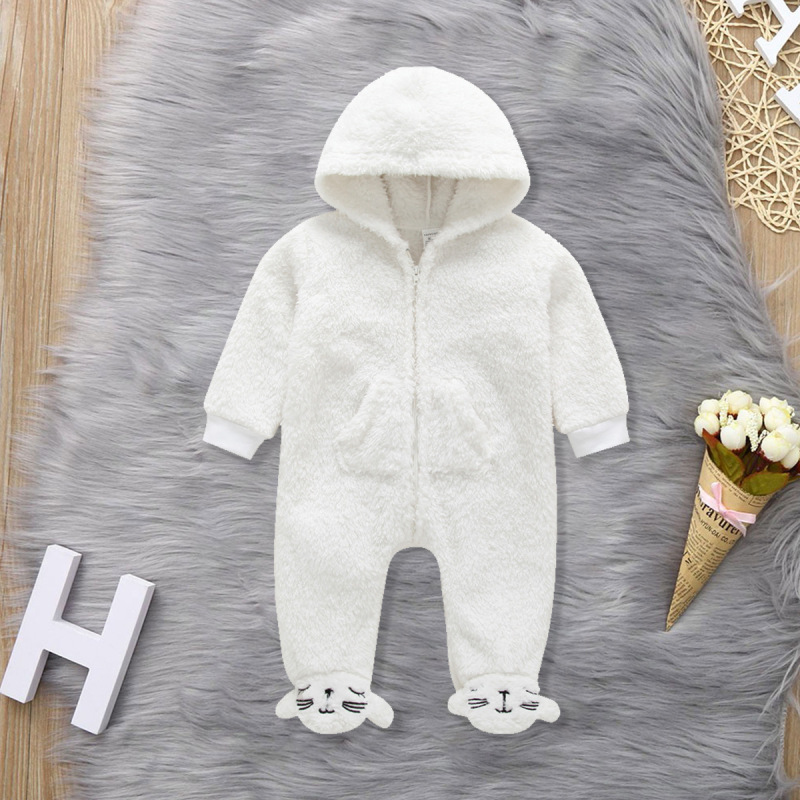 Baby Simple Long Sleeve Hooded Zipper Warm Plush Pajamas Jumpsuit