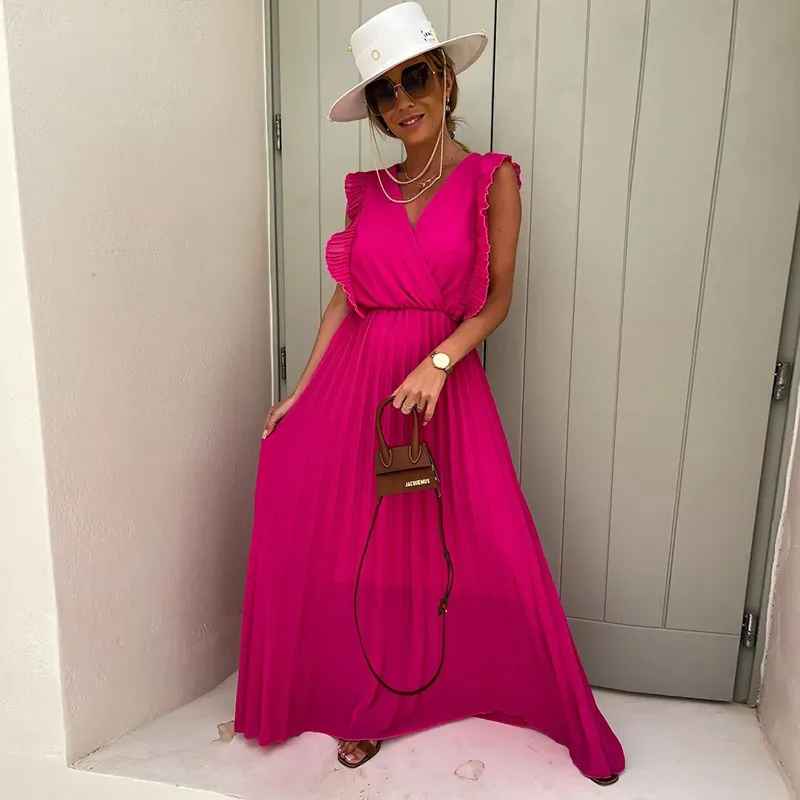 Women Elegant Solid Color Sleeveless Ruffled V Neck Maxi Party Vacation Dress