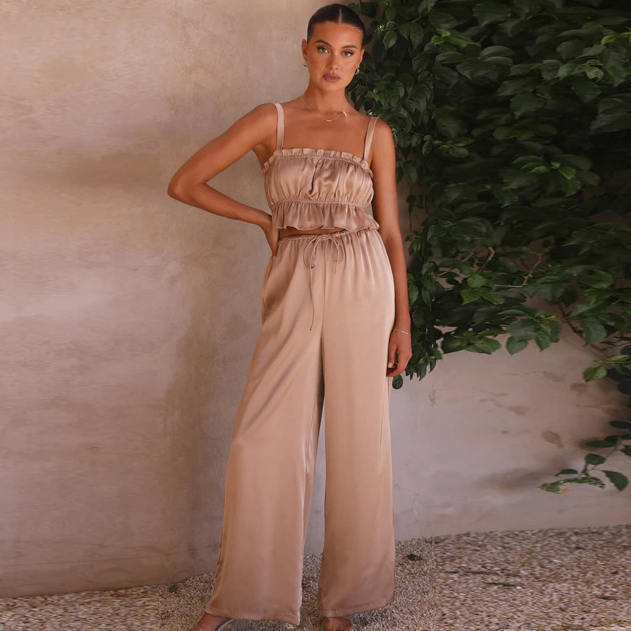 Women'S Fashion Solid Color Ruffled Suspender Top + Wide-Leg Pants Two-Piece Set