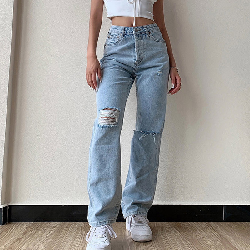 Women High Waist Mom Ripped Jeans Straight Denim Pants