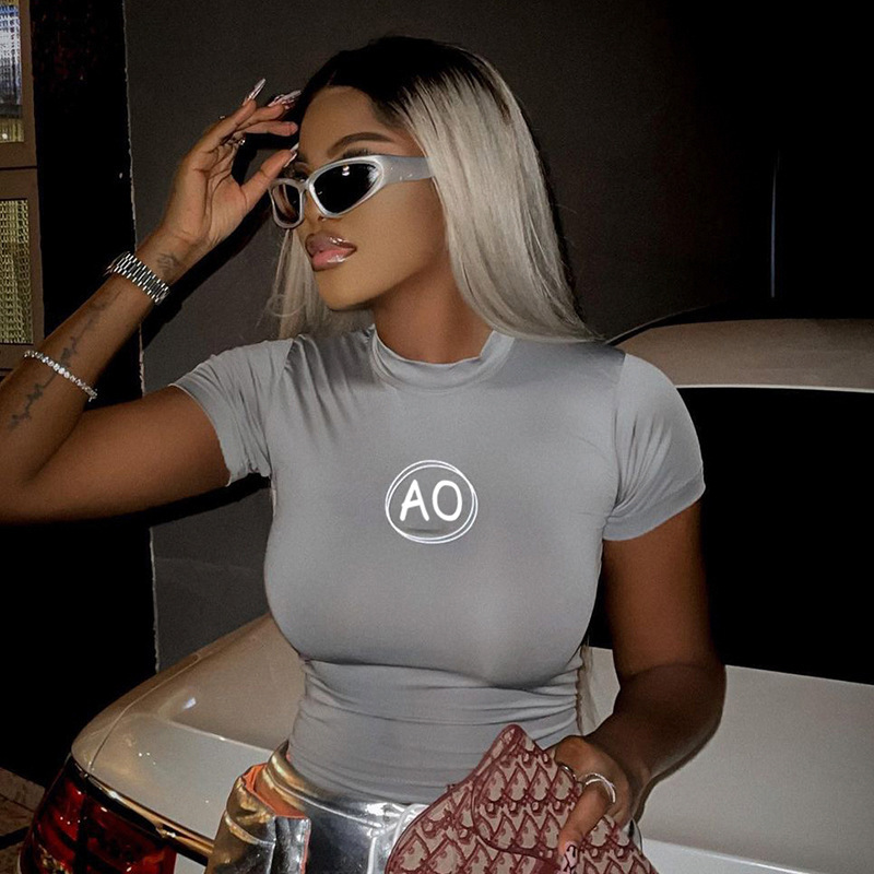 Fashion Women'S Alphabet Print Round Neck Skinny Casual Short Sleeve T-Shirt