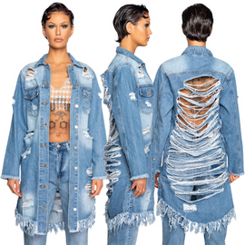 Women'S Fashion Ripped Fringed Long Sleeve Denim Jacket