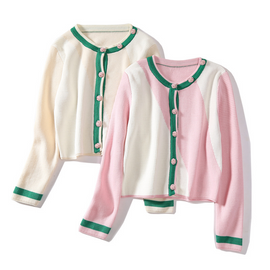 Women Simple Color-Blocking Round Neck Short Knitted Sweater