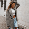 Women Fashion Vintage Plaid Houndstooth Pattern Long Slleve Lapel Blazer