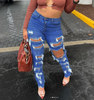 Women Personality Street Ripped Elasticity Straight Leg Denim Pants
