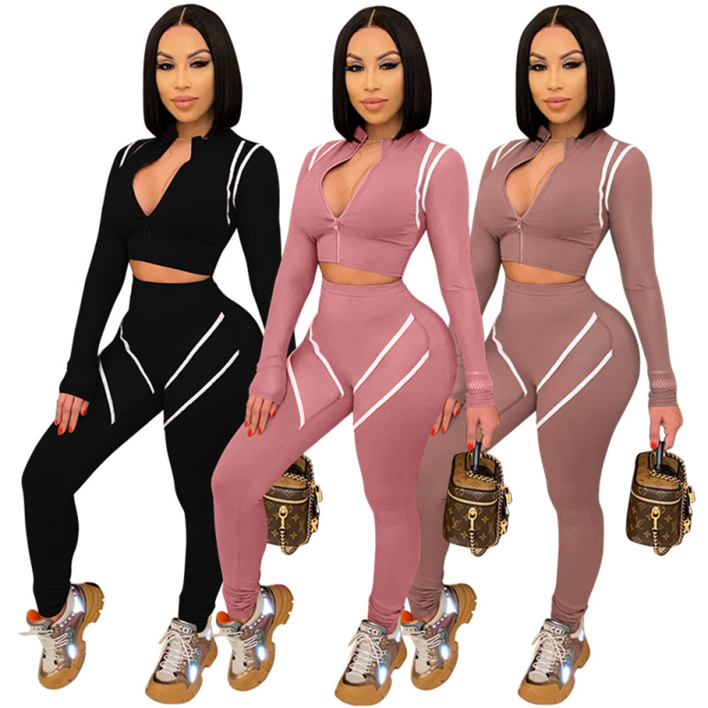 Women Fashion Casual Athleisure Stripe Mesh Patchwork Long Sleeve Zipper Top And Skinny Pants Sports Set
