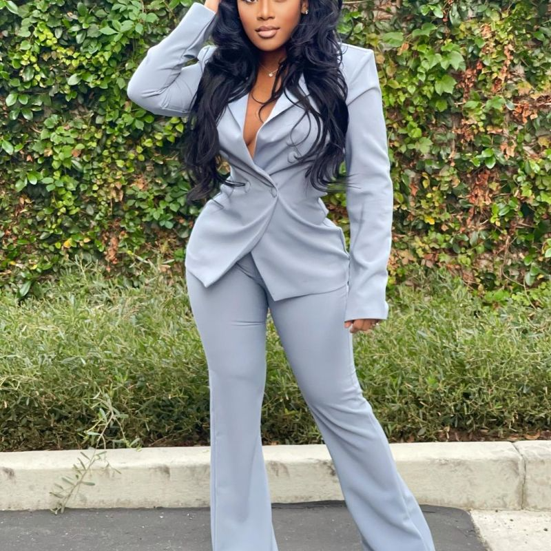 Women Fashion Casual Elegant Solid Color Long Sleeve Blazer And Pants Work Set