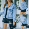 Women Fashion Street Style Ripped Tassel Washed Lapel Denim Jacket