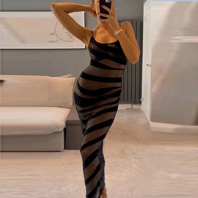 Women'S Fashion Sexy Color Blocking Printing Sling Hip Wrap Dress