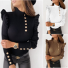 Women Casual Ruffled Long-Sleeved Solid Color Rib-Knit Knitted Top