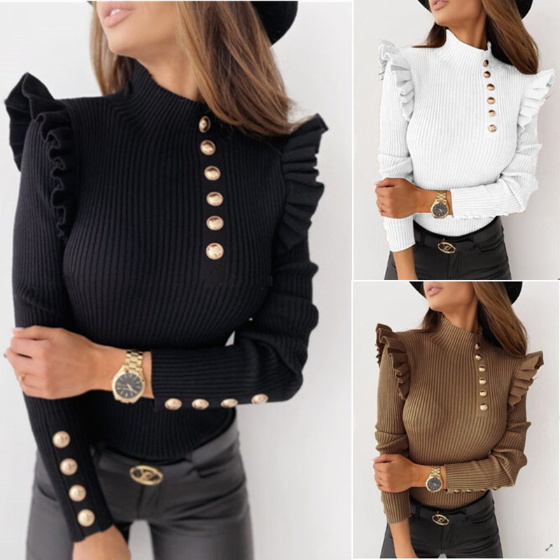 Women Casual Ruffled Long-Sleeved Solid Color Rib-Knit Knitted Top